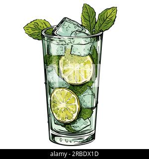 Mojito. Illustrazione fumettistica disegnata a mano con cocktail Mojito. Illustrazione di cartoni animati in stile doodle vettoriale Illustrazione Vettoriale