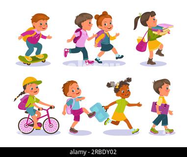 I bambini buffi vanno a scuola. Gli studenti con gli zaini vanno a correre per le lezioni. I bambini vanno in bicicletta o in skateboard. Ragazze e ragazzi camminano a piedi. Gli adolescenti portano con sé Illustrazione Vettoriale