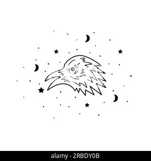 Corvo mistico con luna e stelle. Stelle, costellazioni, luna. Simbolo astrologico disegnato a mano. Per la stampa di t-shirt e borse, elemento decorativo. Mistico Illustrazione Vettoriale