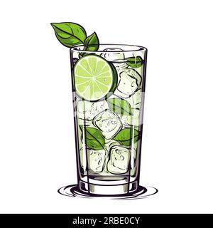 Mojito. Illustrazione fumettistica disegnata a mano con cocktail Mojito. Illustrazione di cartoni animati in stile doodle vettoriale Illustrazione Vettoriale