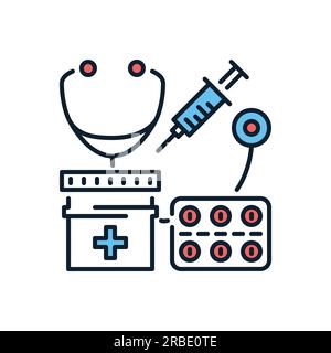 Icona linea sottile vettore correlata all'assistenza sanitaria. Stetoscopio, pillole, vaso medico e siringa. Isolato su sfondo nero. Tratto modificabile. Illustr. Vettoriale Illustrazione Vettoriale