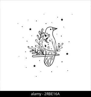 Corvo mistico con luna e stelle. Stelle, costellazioni, luna. Simbolo astrologico disegnato a mano. Per la stampa di t-shirt e borse, elemento decorativo. Mistico Illustrazione Vettoriale