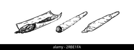 Set di giunti per cannabis. Spliffa di marijuana disegnata a mano. Illustrazione vettoriale nello stile di schizzo Illustrazione Vettoriale