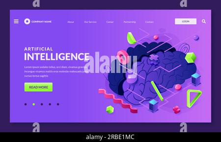 Illustrazione isometrica 3d del vettore di intelligenza artificiale. Cervello umano e forme geometriche astratte. Scienza, ingegneria robotica, tecnologia del futuro c Illustrazione Vettoriale