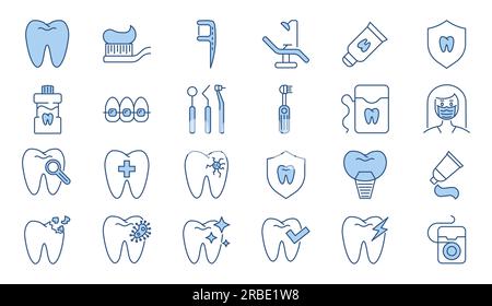 Set di icone vettoriali relative ai denti. Icone incluse: Sedia dentale, dentifricio, strumenti dentali, filo interdentale, carie, spazzolino da denti, dentifricio, mal di denti, impl Illustrazione Vettoriale