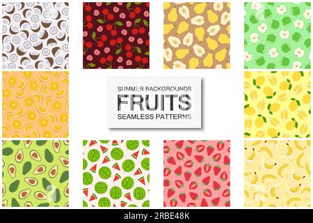 Raccolta di motivi di frutta brillanti e senza cuciture - disegno disegnato a mano. Sfondi estivi ripetibili. Stampe infinite e vivaci. Illustrazioni vettoriali Illustrazione Vettoriale
