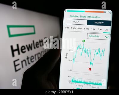 Persona che possiede il cellulare con il sito Web di Hewlett Packard Enterprise Company (HPE) sullo schermo davanti al logo. Concentrarsi sul centro del display del telefono. Foto Stock