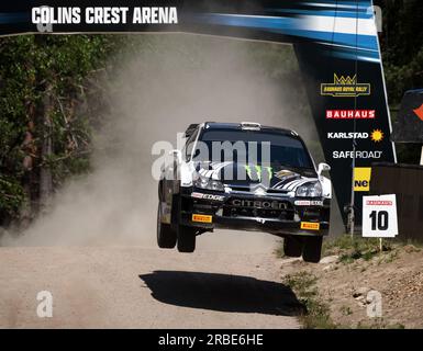 Karlstad, Svezia, 8 luglio 2023 SS 16 - COLIN'S 2 (POWER STAGE) ERC Bauhaus Royal Rally of Scandinavia Petter Solberg (NOR) con il co-pilota Tove Solberg (NOR), Citroen C4 WRC credito: PEO Mšller/Alamy Live News Foto Stock