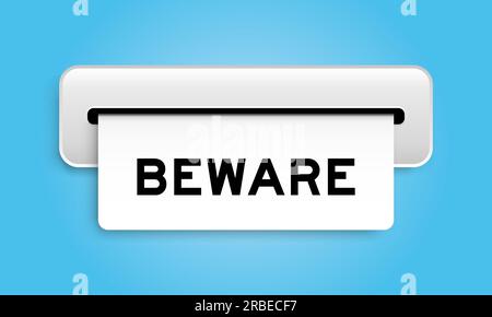 Banner bianco con la parola attenzione dalla macchina su sfondo blu Illustrazione Vettoriale