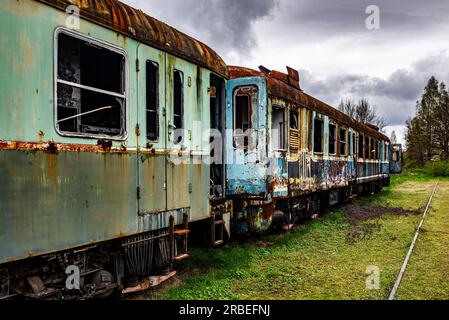 Il vecchio treno elettrico a più unità arrugginite è stato dismesso e abbandonato sulla banchina della ferrovia in un campo erboso verde Foto Stock