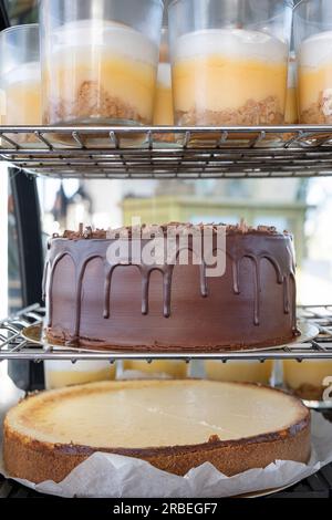 Frigorifero da esposizione per dessert pieno di dolci deliziosi come cheesecake, torta al cioccolato e tazze con crema pasticcera al limone Foto Stock