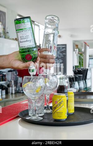 Barman che prepara diversi cocktail in un bar, versando bevande alcoliche, gin e vodka, in bicchieri grandi pronti da mescolare con le bibite Foto Stock