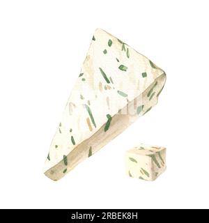 Annaffiare una fetta di formaggio blu. Prodotti caseari e caseari isolati su fondo bianco. Formaggio ammuffito dai toni tenui. Illustrazione realistica disegnata a mano Foto Stock