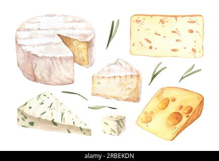 Formaggi con pezzi intagliati acquerello eimage. Illustrazione cremosa di brie tagliata o di formaggio camembert. Immagine del cibo delizioso. Prodotti lattiero-caseari della cucina francese Foto Stock