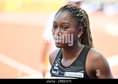 Kassel, Germania. 8 luglio 2023. Atletica leggera: Campionati tedeschi all'Auestadion. 100m, semifinali, donne. Gesti di Chelsea Kadiri. Credito: Swen Pförtner/dpa/Alamy Live News Foto Stock