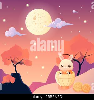 Festival di metà autunno, luna, lanterna cinese, coniglietto e torta di luna Illustrazione Vettoriale