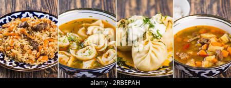 Banner Oriental uyghur Cuisine. Cucina centro-orientale con pilaf e lagman e manta e shurpa. Pilaf fatto in casa o plov di agnello serviti in camera Foto Stock