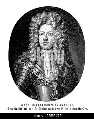 John Churchill, i duca di Marlborough, fu un comandante militare britannico che prestò servizio durante l'inizio del XVIII secolo. È noto per le sue vittorie in diverse battaglie importanti, tra cui la battaglia di Blenheim, la battaglia di Ramillies e la battaglia di Oudenarde. Marlborough fu anche un abile diplomatico e giocò un ruolo chiave nella guerra di successione spagnola, contribuendo ad assicurare i troni inglesi e olandesi alla Casa di Hannover. Nonostante i suoi successi militari, Marlborough fu anche una figura controversa, e affrontò l'opposizione politica e gli scandali personali durante la sua carriera Foto Stock