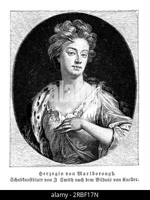 La duchessa di Marlborough, Sarah Churchill, era la moglie di John Churchill, i duca di Marlborough, e una figura di spicco nella società britannica all'inizio del XVIII secolo. Era conosciuta per la sua stretta amicizia con la regina Anna, che la nominò custode della borsa privata e lo sposo della rubata. Sarah fu anche un'astuta operatore politico e giocò un ruolo chiave nella carriera di suo marito, aiutandolo ad assicurarsi commissioni militari e nomine politiche. Nonostante i suoi numerosi successi, Sarah era una figura controversa e affrontò critiche da parte degli oppositori politici e personali Foto Stock