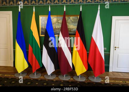 RIGA, Lettonia. 9 luglio 2023. Il Presidente della Lettonia incontra i deputati lituani, estoni, polacchi, tedeschi e ucraini. Riga, Lettonia. Crediti: Gints Ivuskans/Alamy Live News Foto Stock