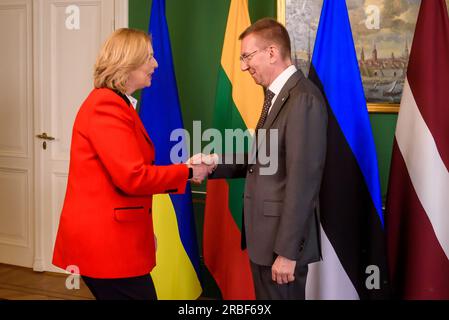 RIGA, Lettonia. 9 luglio 2023. Il Presidente della Lettonia incontra i deputati lituani, estoni, polacchi, tedeschi e ucraini. Riga, Lettonia. Crediti: Gints Ivuskans/Alamy Live News Foto Stock