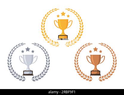 Coppe trofei in bronzo argento oro. Coppa del premio del vincitore del gioco, trofei di sport di corsa, posto in graduatoria icone del premio del goblet illustrazione vettoriale Illustrazione Vettoriale
