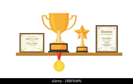 Trofeo d'oro e premi su mensola in legno isolata su sfondo bianco illustrazione vettoriale Illustrazione Vettoriale