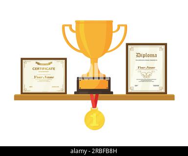 Trofeo d'oro e premi su mensola in legno isolata su sfondo bianco illustrazione vettoriale Illustrazione Vettoriale