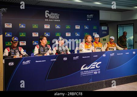 Monza, Italia. 9 luglio 2023. Il podio dopo la FIA WEC - 6 ore di Monza - Campionato del mondo Endurance all'autodromo di Monza il 9 luglio 2023 a Monza, Italia. Crediti: Luca Rossini/e-Mage/Alamy Live News Foto Stock