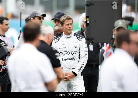 Silverstone, Gran Bretagna. 9 luglio 2023. Brad Pitt (USA), Gran Premio di Gran Bretagna sul circuito di Silverstone il 9 luglio 2023 a Silverstone, Gran Bretagna. (Foto di HIGH TWO) credito: dpa/Alamy Live News Foto Stock