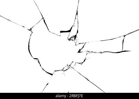 Incrinature di vetro rotto, struttura isolata su sfondo bianco. Concetto di finestra rotta per il design Foto Stock