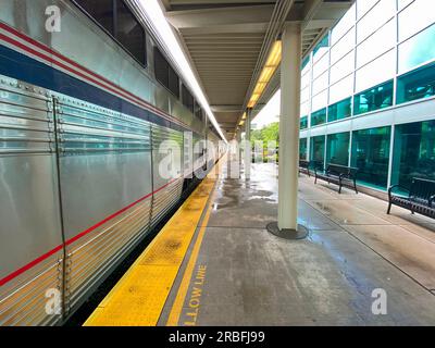 Lorton, Virginia, USA - 23 giugno 2023: Un treno Amtrak Auto alla stazione pronto a trasportare passeggeri e auto in Florida. Foto Stock