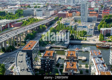 Svezia, Stoccolma. Vista aerea dello skyline urbano di Stoccolma (Hammarby). Foto Stock