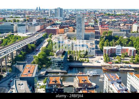 Svezia, Stoccolma. Vista aerea dello skyline urbano di Stoccolma (Hammarby). Foto Stock