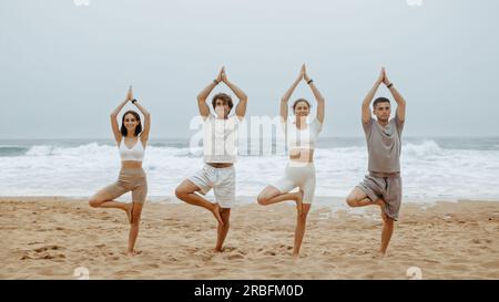 Concetto di stile di vita sano. Gruppo di uomini e donne che praticano yoga, in piedi sugli alberi posano sulla spiaggia Foto Stock