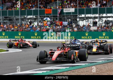 55 SAINZ Carlos (spa), Scuderia Ferrari SF-23, azione durante il Gran Premio britannico di Formula 1 2023 Aramco, decimo round del Campionato Mondiale di Formula 1 2023 dal 7 al 9 luglio 2023 sul circuito di Silverstone, a Silverstone, Regno Unito Foto Stock