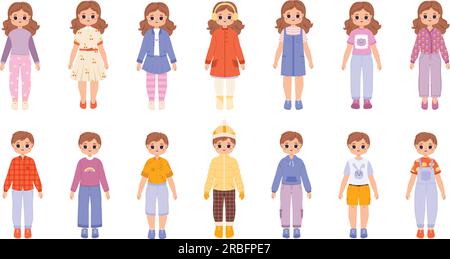 Bambini alla moda, un bambino alla moda con maglione e abito. Abbigliamento estivo, i bambini indossano abiti invernali. Cartoni animati, bambino e ragazza, set vettoriale aderente Illustrazione Vettoriale