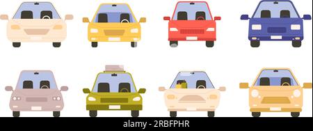 Collezione di auto cartoni animati. Vista frontale, trasporto o logistica di varie auto. Veicolo personale, città e sobborgo per persone, set vettoriale Illustrazione Vettoriale