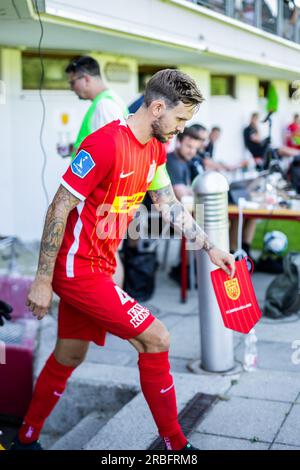 Salisburgo, Austria. 8 luglio 2023. Kian Hansen (4) dell'FC Nordsjaelland visto durante un test match pre-stagionale tra il FC Red Bull Salzburg e il FC Nordsjaelland al Maximarkt Sportpark di Salisburgo. (Foto: Gonzales Photo - Dejan Obretkovic). Foto Stock