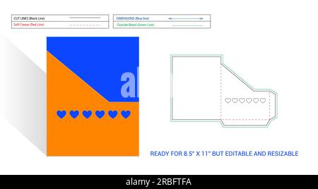 Linea di matrici modificabile e ridimensionabile per tasche o cartelle pronta per pagine da 8,5 x 11 pollici con taglio finestra trasparente a forma di cuore e taglio angolare, rendering 3D. Illustrazione Vettoriale