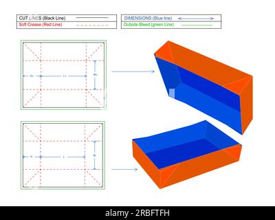 Scatola per indumenti ridimensionabile e modificabile scatola per tessuto pieghevole ondulato, scatola regalo moda modello linea die e scatola di rendering 3D. Illustrazione Vettoriale