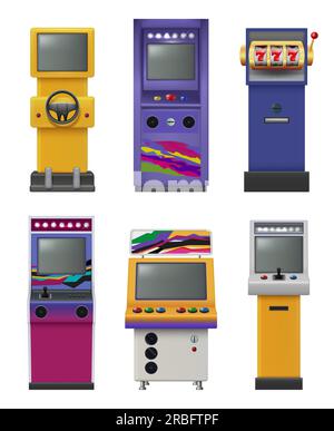 Macchine da gioco retrò. Slot machine e giochi d'azzardo arcade, giochi per computer vettoriali decenti Illustrazione Vettoriale