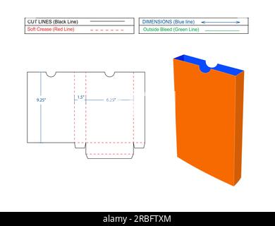 Scatola a libro aperta laterale con tacca di tenuta 9 x 6 x 1,5 pollici, scatola di copertura libro modello linea stampo e scatola di rendering 3D. Illustrazione Vettoriale