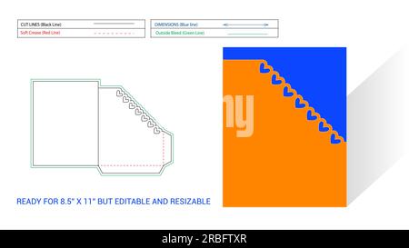 Linea di stampi per tasche o cartelle, taglio angolare con forma a cuore e 3D pronto per 2,5 x 11 pollici, ma modificabile e ridimensionabile Illustrazione Vettoriale