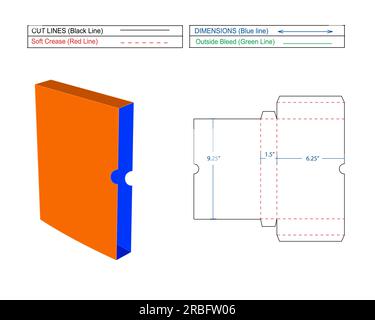 Scatola a libro aperta laterale con tacca di tenuta 9 x 6 x 1,5 pollici, scatola di copertura libro modello linea stampo e scatola di rendering 3D. Illustrazione Vettoriale