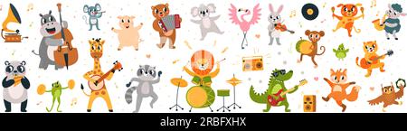 Cartoni animati animali da ballo musicali con strumenti musicali. Divertente animale selvatico, procione e leone. Musicisti e ballerini, personaggi vettoriali dei festival di classe Illustrazione Vettoriale