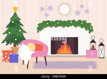 Soggiorno di Natale. Caminetto della casa, interno della casa invernale. Atmosfera accogliente per le vacanze, albero di Natale e regali, decorazioni sportive scena vettoriale Illustrazione Vettoriale