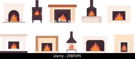 Caminetto a cartoni animati. Camino di ferro e forno a mattoni. Vari locali tradizionali e rilassanti con caminetti. Stufe interne, vintage accogliente e vettoriale Illustrazione Vettoriale