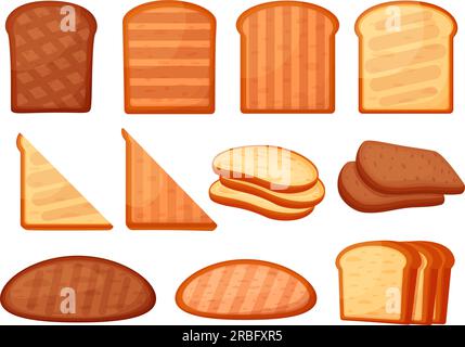 Toast, pane tostato, elementi cartoni animati. Fette di pane tostate, ingredienti freschi isolati. Snack salutistico per il pranzo o la colazione, oggi Illustrazione Vettoriale