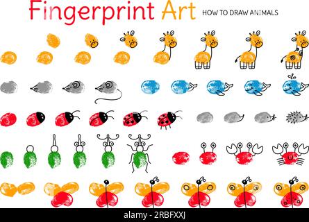 Impronta digitale animale dipinto gioco, come attirare animali con le dita. Attività di asilo, istruzione elementare. Grafica vettoriale di classe per bambini Illustrazione Vettoriale